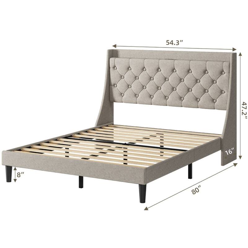 Upholstered Bed Frame with Charging Ports & Storage Shelf