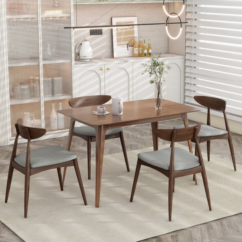 47.2" Wooden Table and Soft Cushioned Chairs, 5-Piece Dining Set - LightGrey Walnut