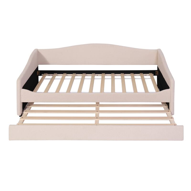 Twin Size Curve Design Daybed Comfort & Soft Teddy Fleece Upholstered Daybed with LED Light & Trundle Bed, Wood Slat Support