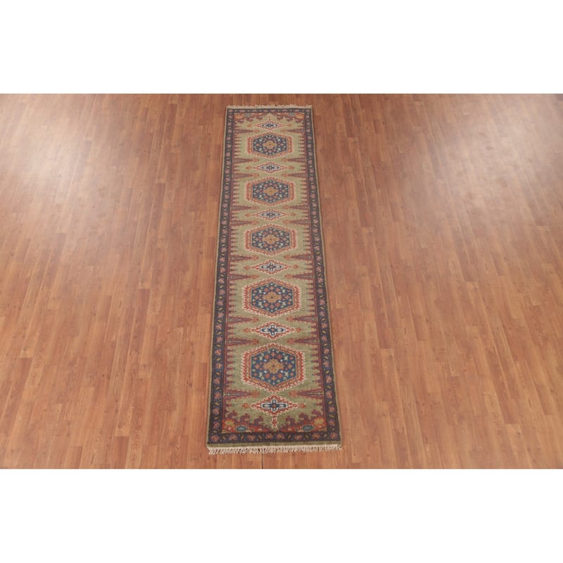 Green Geometric Kazak Oriental Runner Rug Wool Carpet - 2'6"x 9'9"