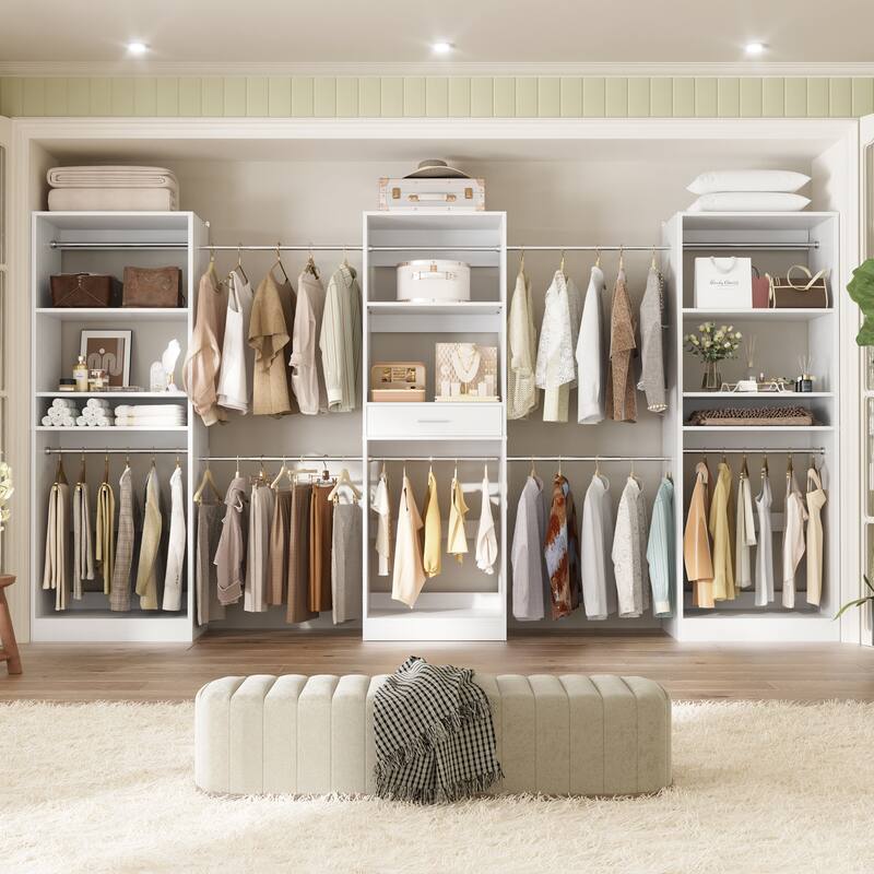 Set of 3 Closet Organizer Extendable Hanging Rods, Adjustable Closet System with Drawers and Shelves