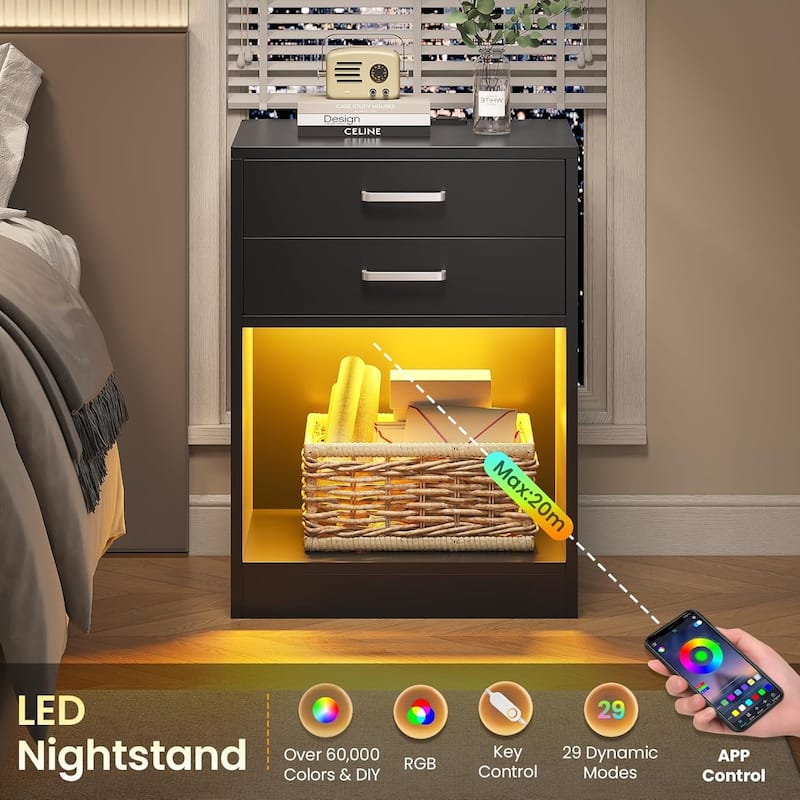 LED Nightstands Set of 2 Nightstand Bedroom Power Outlets 2 Drawers