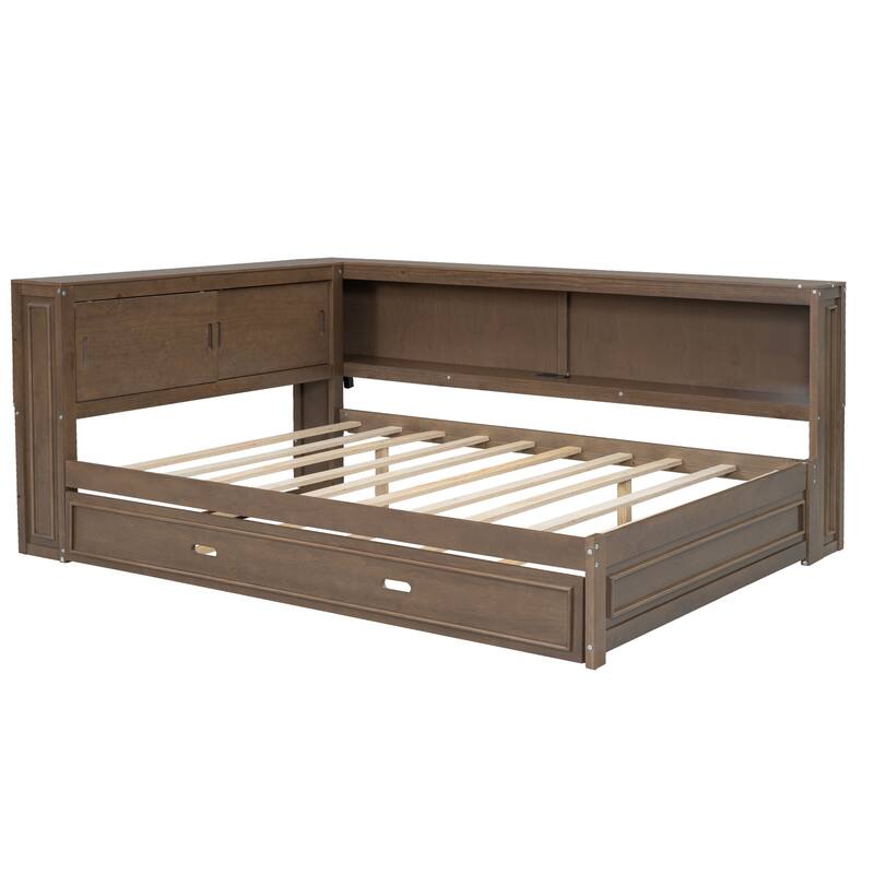 Full Size Daybed with Storage Shelves, USB Charging, LED Lights, and Twin Trundle (600lb Capacity)