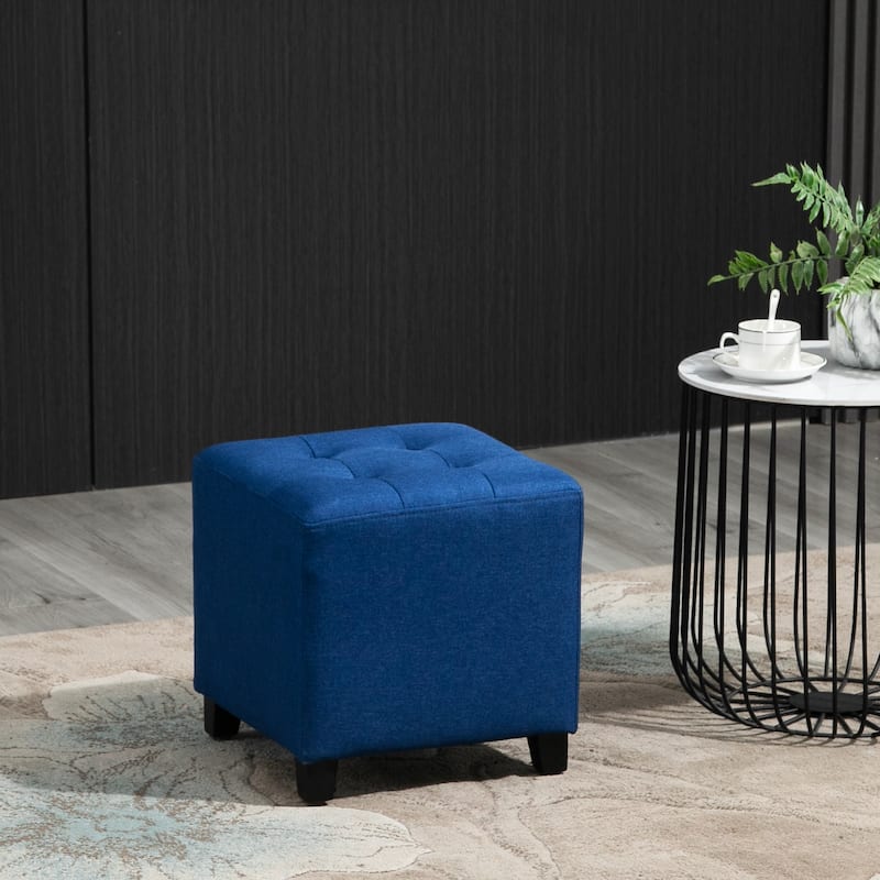 HOMCOM Tufted Ottoman Linen-Touch Fabric Upholstered Footrest Stool with Anti-Slip Pads - Blue