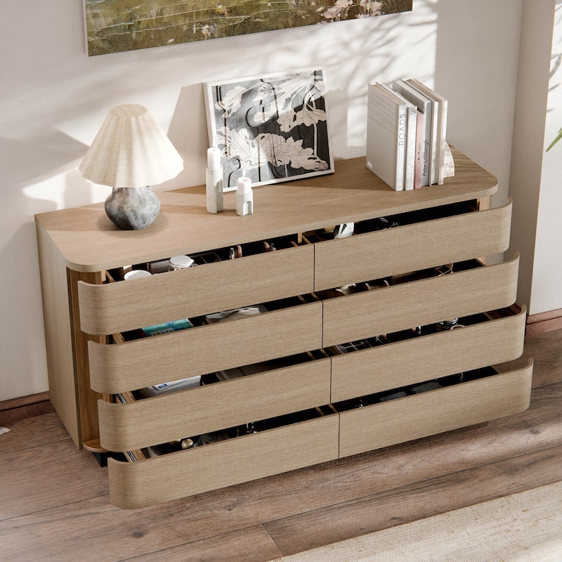 Oak 8-Drawer Dresser Buffet for Bedroom Wide Chest of Drawers with Anti-Tip Safety, Waterproof Top