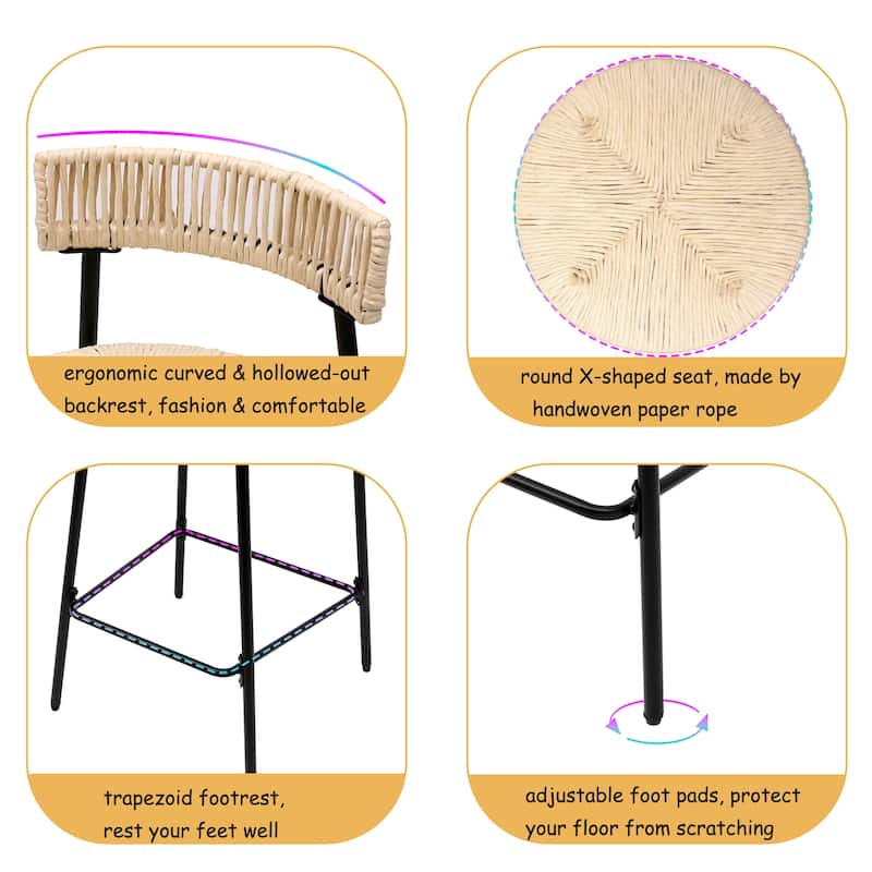 Counter Stools Set Of 2 Handwoven Paper Rope Bar Stools Boho Round Dining Pub Chairs - Creamy White