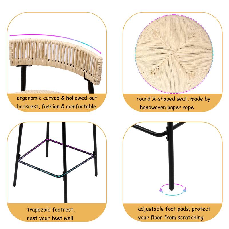 Outdoor Handwoven Paper Rope Bar Stools Set of 2, Boho Round Dining Pub Chairs with Metal Frame & Non-Slip Mats