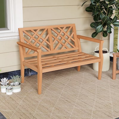 2-Person Patio Bench in Natural Teak Wood Outdoor Garden Seating with Backrest and Arm Support - 52” L x 27.5” W x 33” H
