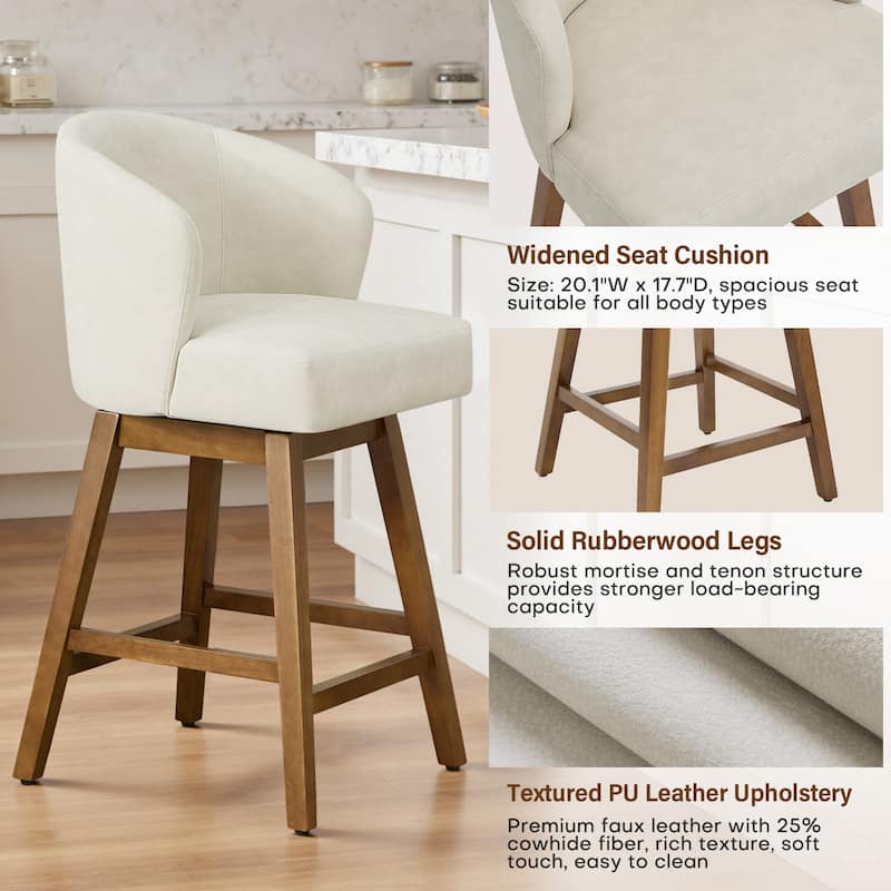 26 Inch Upholstered Swivel Counter Height Bar Stools with Back and Solid Wood Frame - 37.8"H x 20.9"W x 21.3"D