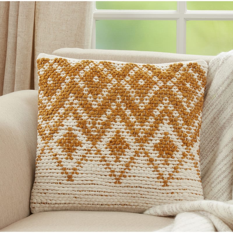 Throw Pillow With Diamond Woven Design - Feather Down - Gold