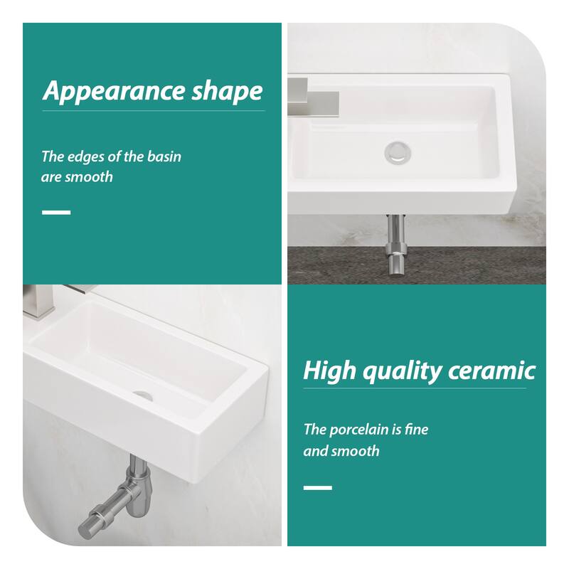 Modern Wall-Mounted Floating Bathroom Sink, Durable Ceramic, Easy to Install - 14.57in L