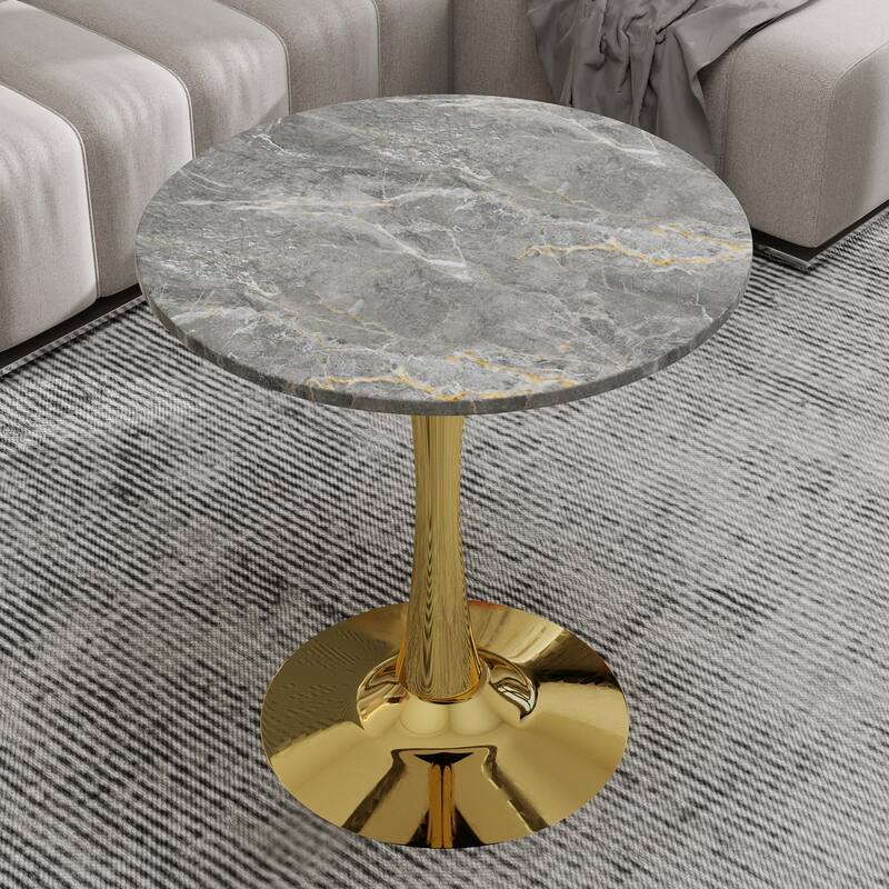 27.6" Mid-Century Modern Style Dining Table, Accommodates 2-4 People, Featuring A Round Dark Gray Textured Marble Tabletop