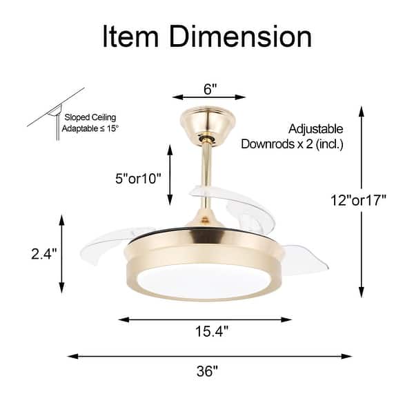 dimension image slide 0 of 5, 36" Modern Retractable Ceiling Fan with Led Light, 6-Speed Reversible Ceiling Fan with Remote - 36