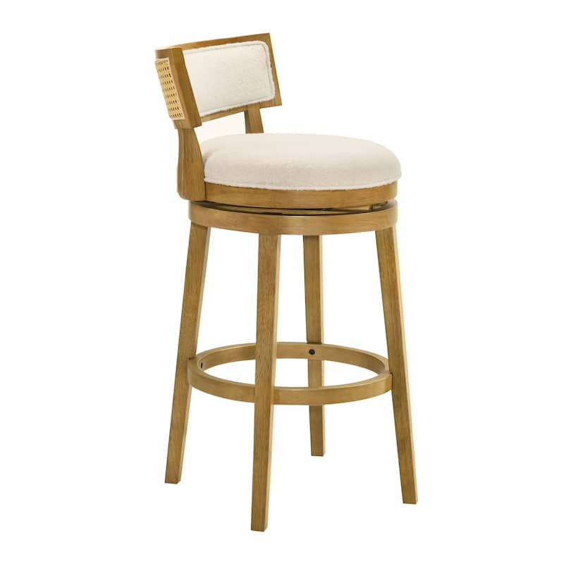 Noely Modern Farmhouse Swivel Wood Counter Height Kitchen Bar Stool with White Boucle Fabric Upholstered Seat