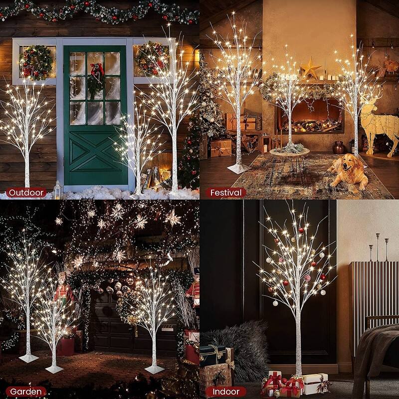 3 Piece Pre-lit Artificial Christmas Tree Set with Warm White Lights, Twinkle LED Birch Tree for Wedding, Festival, Party