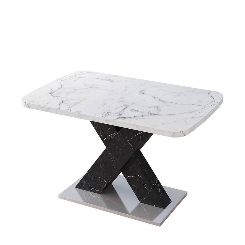 62.99" Faux Marble Rectangular Extendable Dining Table with X-Legs and Metal Base