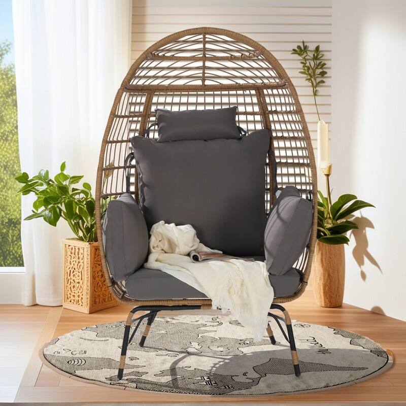Luxury All-Weather Egg Chair, Oversized Rattan Hanging Chair for Patio, Balcony & Backyard, 6" Thick Fade-Resistant Cushions - DarkGrey