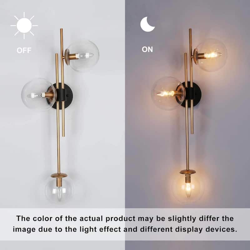 Bela Modern Unique Black Gold 3-Light Linear Wall Sconces Glass Glam Vanity Lights - 12" L x 9.5" W x 30" H