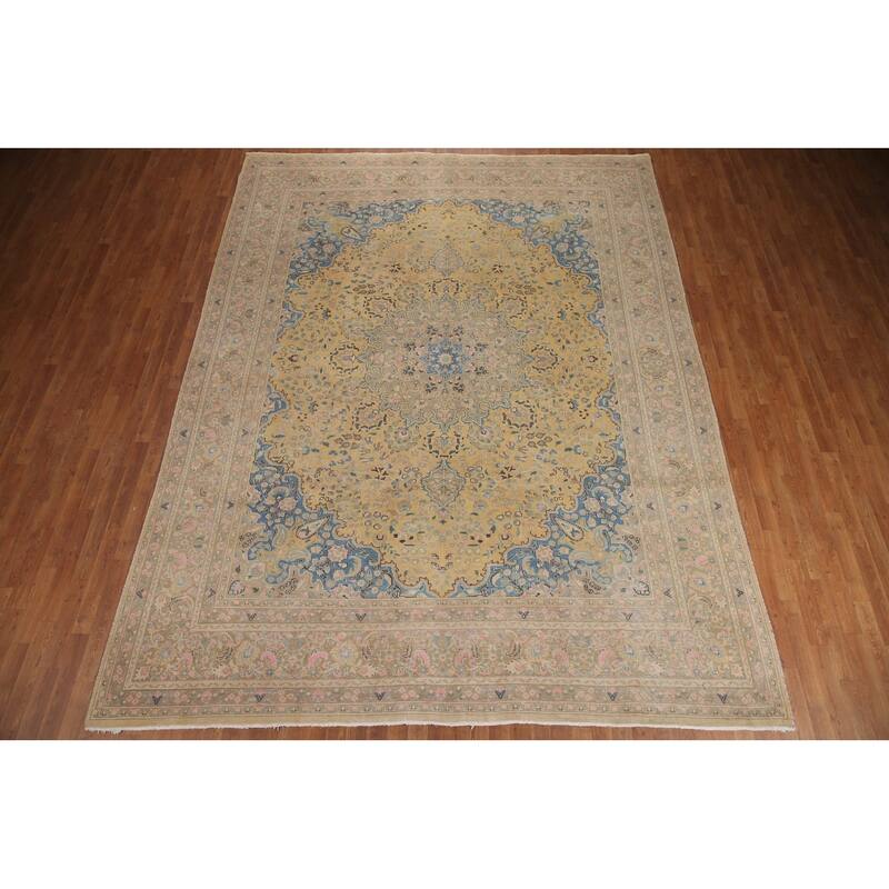 Hand Knotted Oriental 100% Wool Carpet Traditional Floral Yellow & Gold Mashad Area Rug - 12' 6'' X 9' 7''