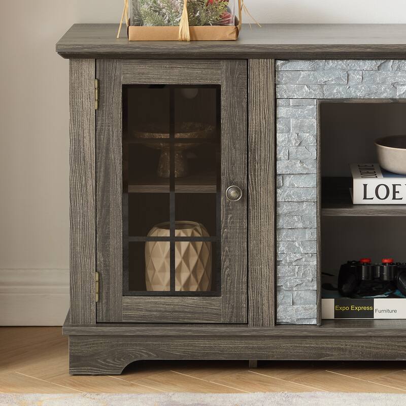 58" Modern TV Stand with 2-Door Storage, Faux Stone Media Console Cabinet,Large Entertainment Center for Living Room