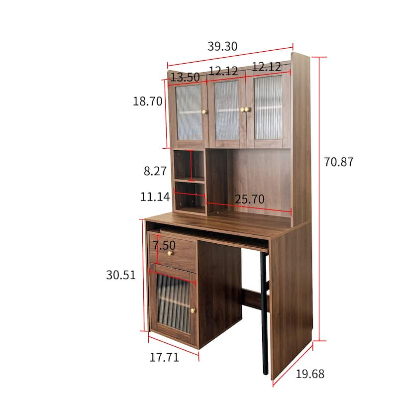 Rotating Computer Desk with Extendable Desktop, Modern Study Writing Desk with Glass Doors, Hutch & Bookshelf for Home Office