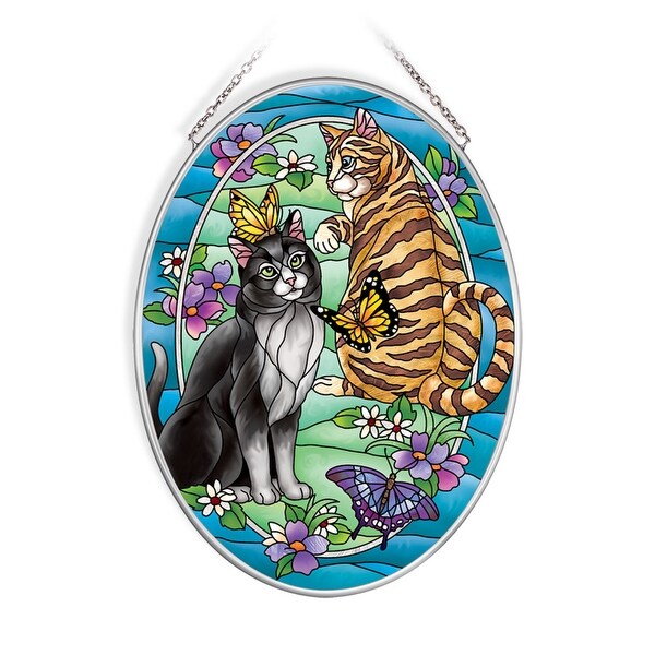 Blue and Brown Tiffany Garden Cat Oval Glass Wall Art Decor 7.25" x 5.50" - N/A