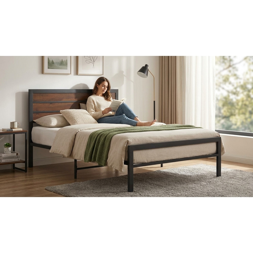 Metal Platform Bed Frame with Headboard and Footboard