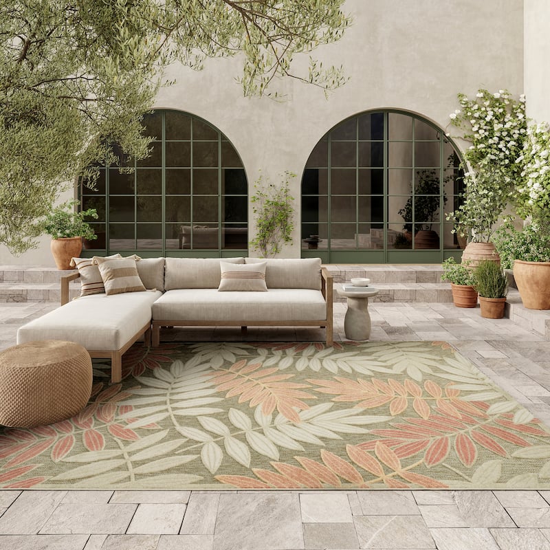 Nourison Aloha Leaf Print Vibrant Indoor/Outdoor Area Rug - 7'10" x 10'6" - Sage/Rose