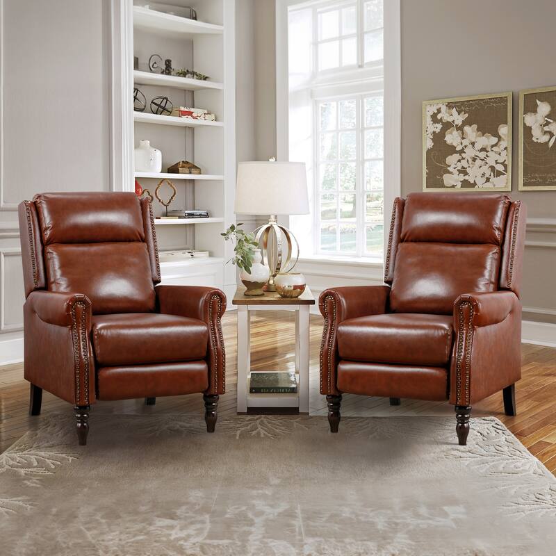 Mid-century Genuine Leather Recliner Push Back Adjustable Recliner Chairs with Comfortable Arms Set of 2 - Red Brown