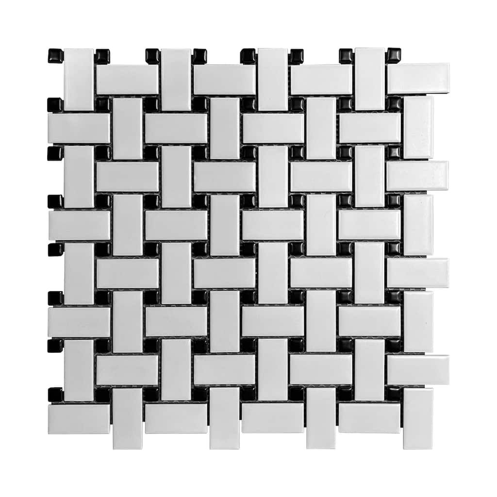 Porcelain Mosaic Tiles - White Basketweave with Black Dot Mosaic Tiles - Case (15 Sheets)