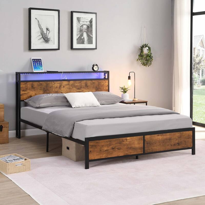Modern Industrial Noise Free Platform Bed Frame with 2 USB Ports, LED