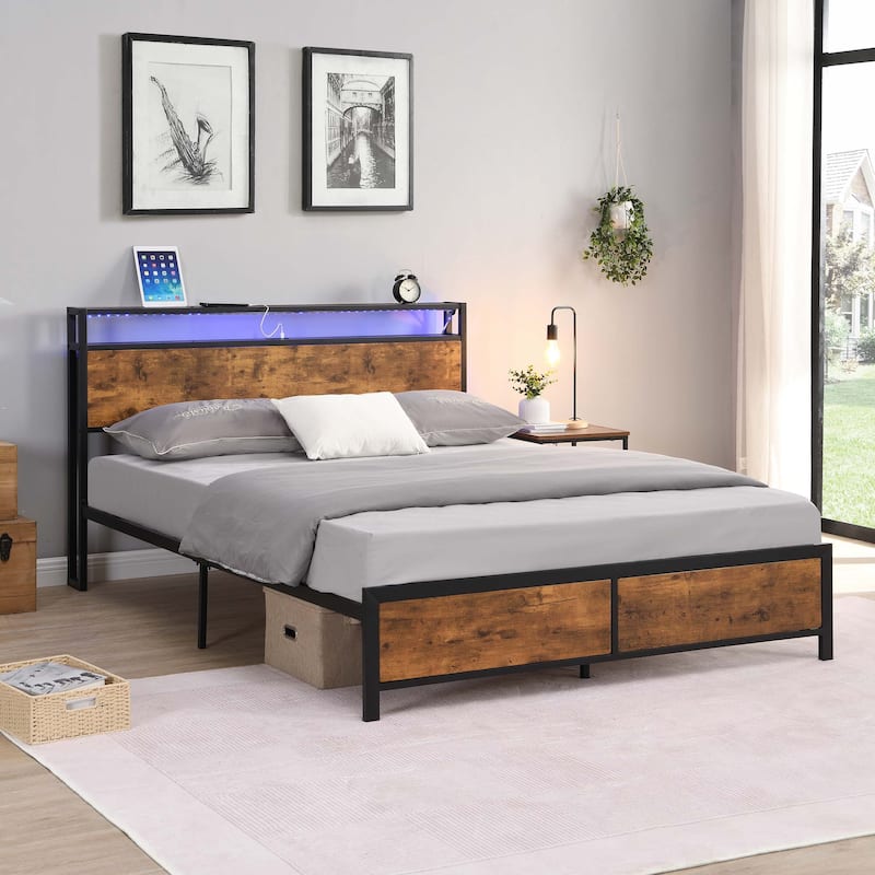 Noise Free Metal/Wood Platform Bed Frame with 2 USB Ports, Modern Industrial LED Lights Headboard Bed Frame with Shelf