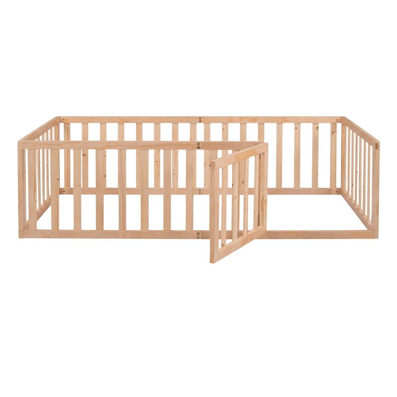 Twin Size Wood Floor Bed Frame with Fence and Door,Natural