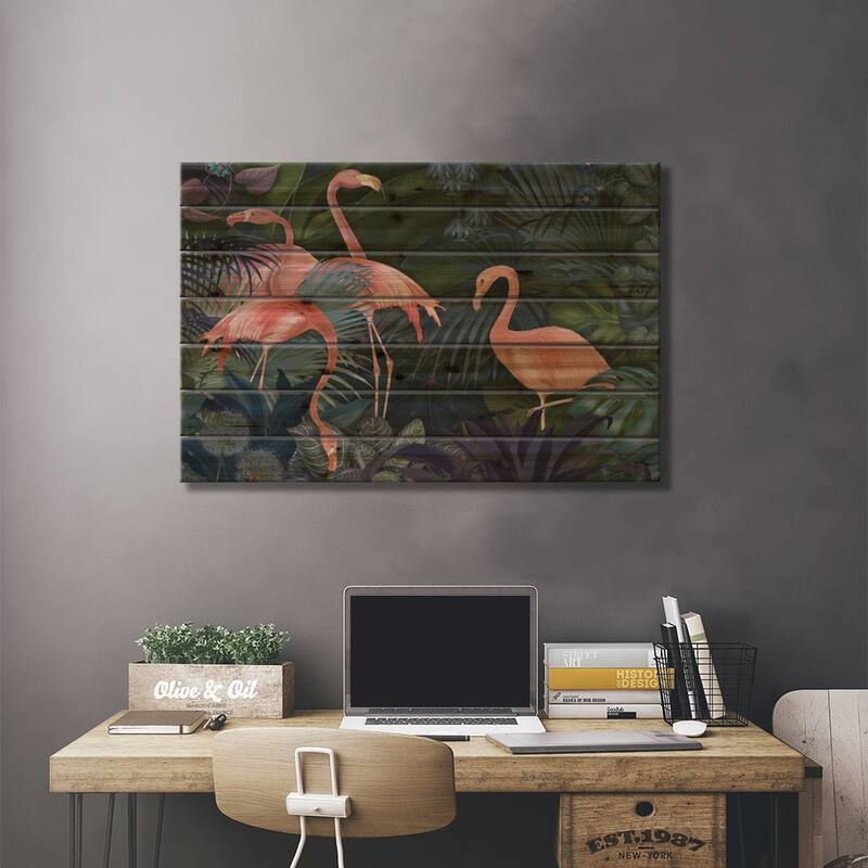 Flamingos In A Garden II Print On Wood by Fab Funky - Multi-Color