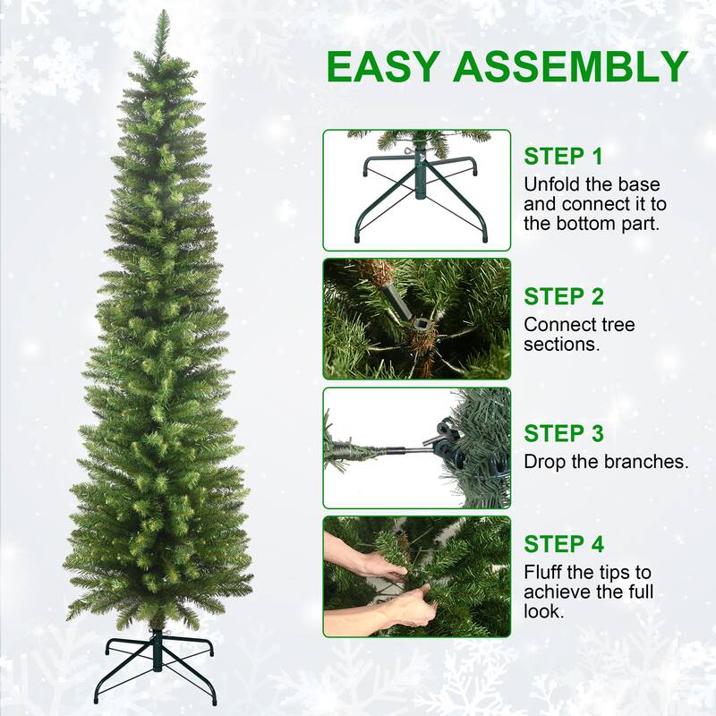 7FT Green Pencil Christmas Tree-Slim PVC Tree with 469 Tips, Space-Saving Design, Stable Metal Stand