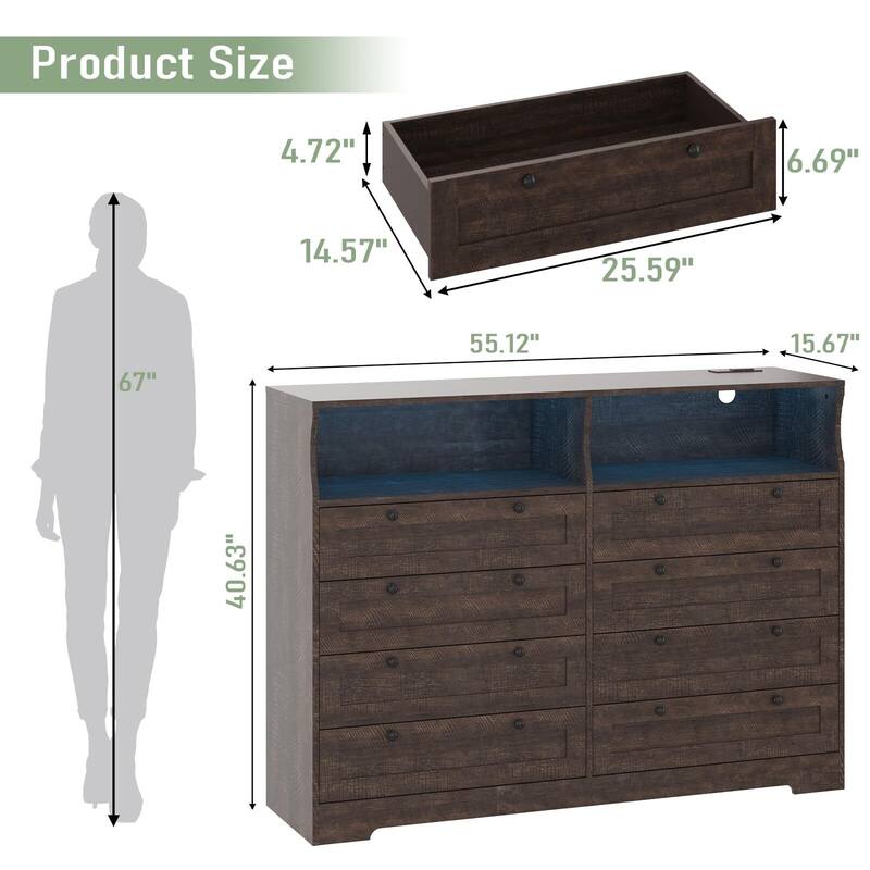 8 Drawers Wooden Dressers for Bedroom Living Room, Hallway, Wood Dressers with Led Lights and Charging Station - Brown