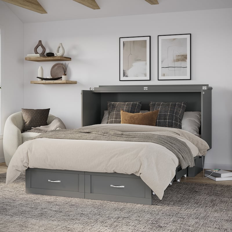 Chelsea Queen Murphy Bed Chest with 6" Mattress, Storage Drawer & Built-In Charger in Grey