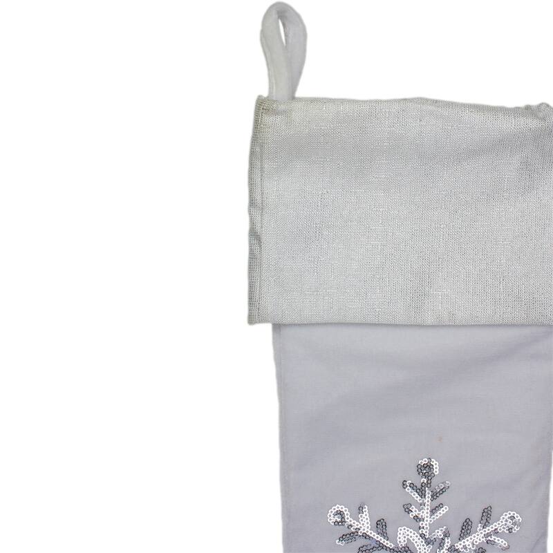 20" White Christmas Stocking with Silver Sequin Snowflake