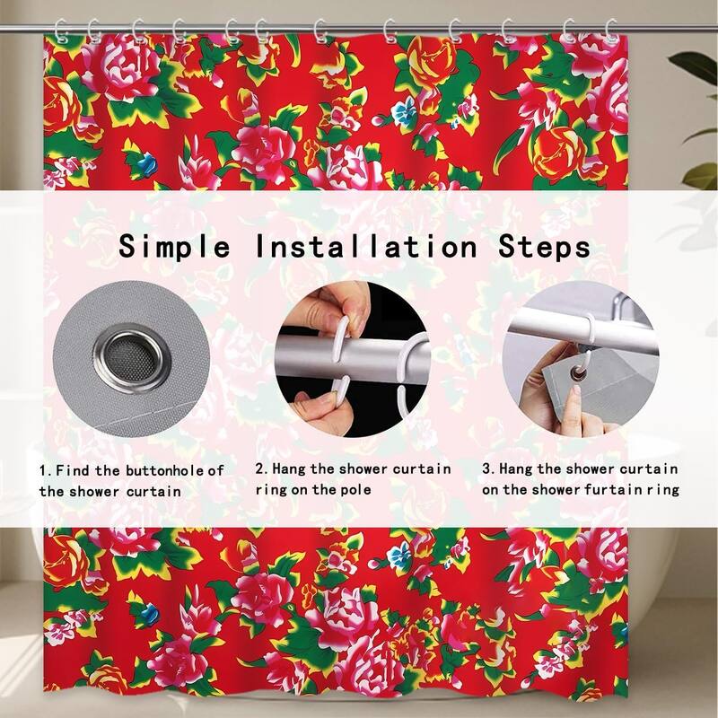 Red Floral Curtain for Bathroom Chic Peony Green Flower Abstract