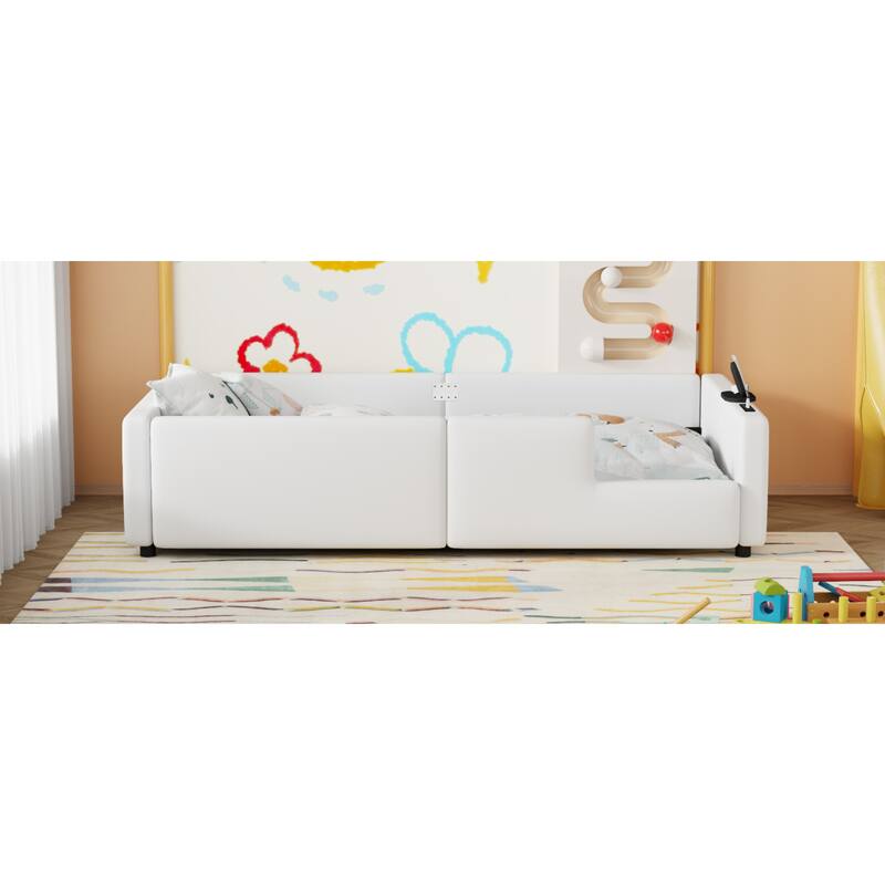 Roomfitters Twin Size Upholstered Floor Bed with USB Charging Ports and High Guardrails, Modern Padded Bed Frame