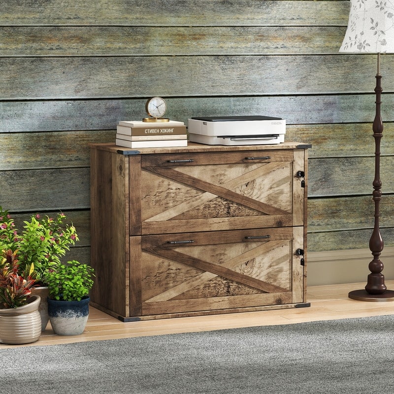 Barn Door Wooden 2 Drawers With Lock 25.79"H