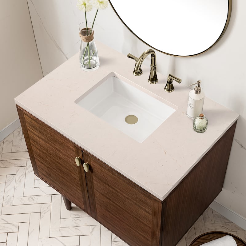James Martin Vanities Amberly 36" Single Vanity, Mid-Century Walnut - Eternal Marfil Quartz