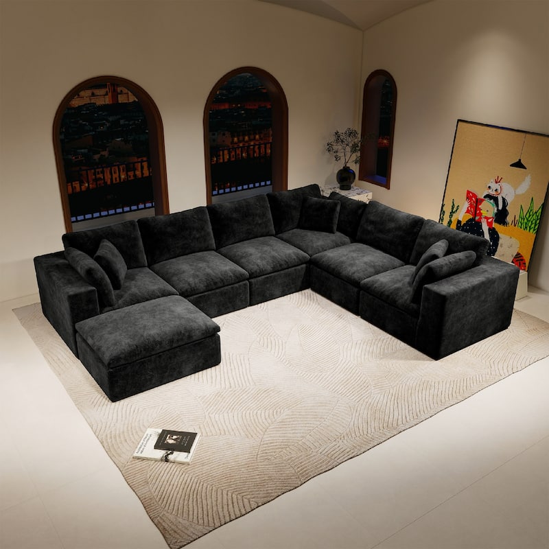 Roomfitters 137.8" Modular Sectional Sofa, 7-Piece Compressed Cloud Couch, No Assembly Required, Plush Corduroy, Black