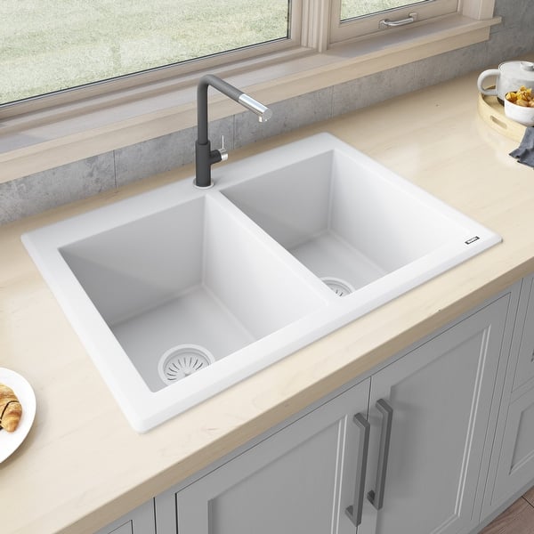 slide 2 of 12, Ruvati 33 x 22 inch epiGranite Topmount Granite Composite Double Bowl Kitchen Sink - Arctic White - RVG1388WH