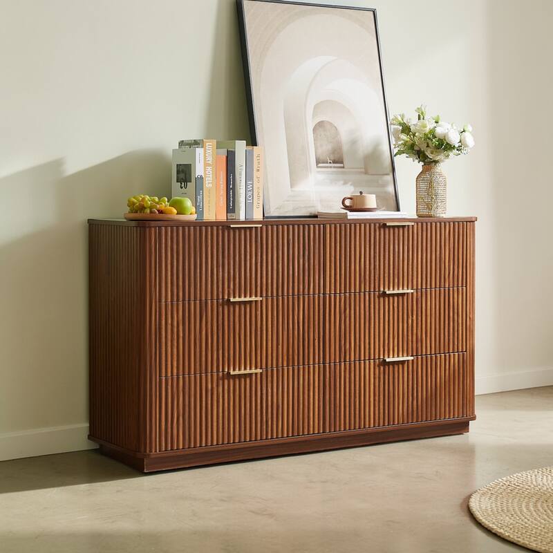 Modern 6 Drawer Dresser with Wave Front Design, Wide Storage Chest and TV Stand, 55" Wooden Organizer Cabinet