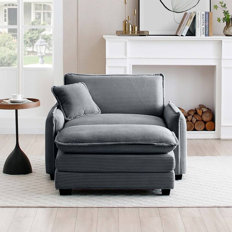 Ergonomic Corduroy Single Sofa Chair with Ottoman and Pillow - Grey