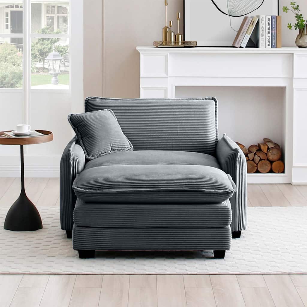 Ergonomic Corduroy Single Sofa Chair with Ottoman and Pillow