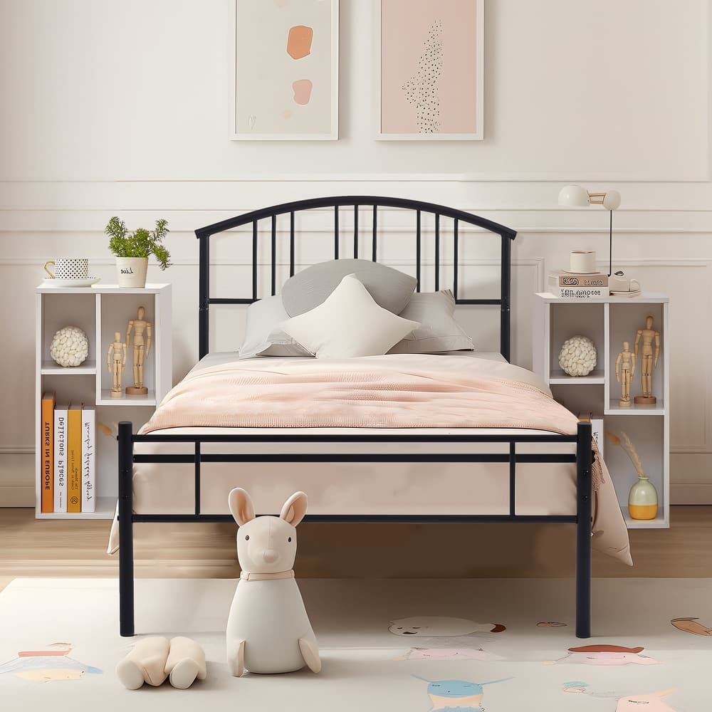 VECELO 3-Pieces Bedroom Sets Black Bed frame and Nightstands/Bookcases Set