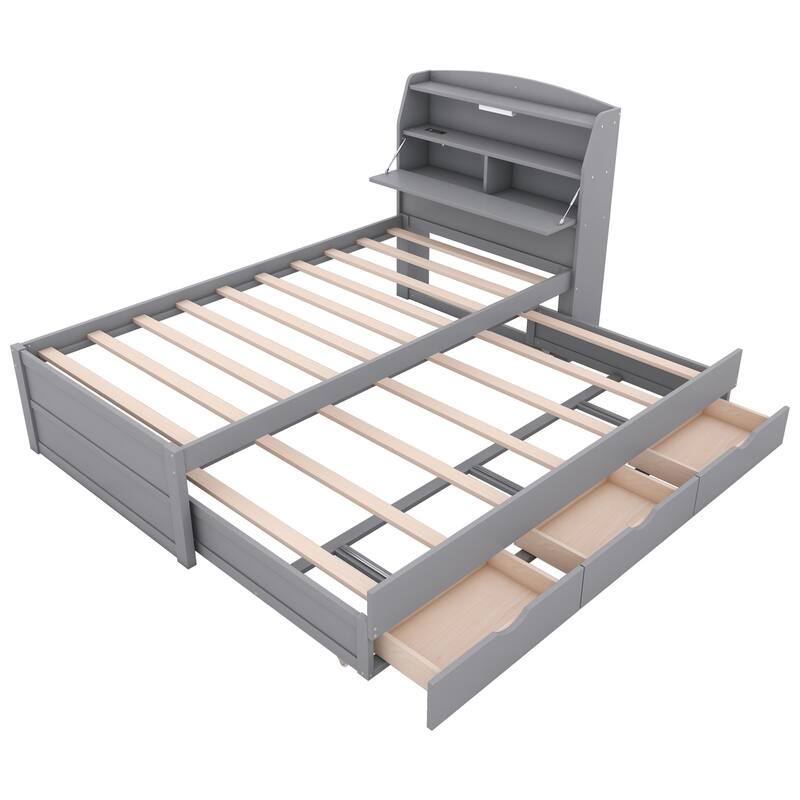 Wood Captain Bed Platform Bed with Trundle and 3 Drawers, Single Bed Frame with Storage Headboard and Integrated LED Light