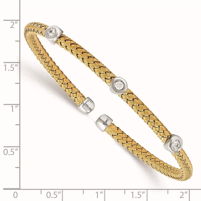 Curata 925 Sterling Silver Gold-plated 3.7mm Station Cubic Zirconia Woven Flexible Cuff Bangle